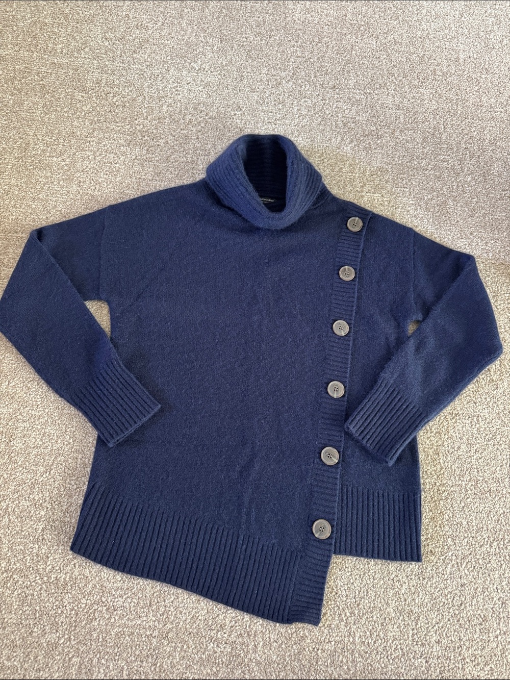 Saks Fifth Avenue Cashmere Navy Asymmetrical Button Turtleneck Sweater
